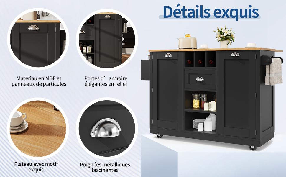 Kitchen Island, Dining Room Cart with Worktop, Buffet Cabinet, Wood Grain, Side Towel Holder, with Wine Rack, with Casters, Black