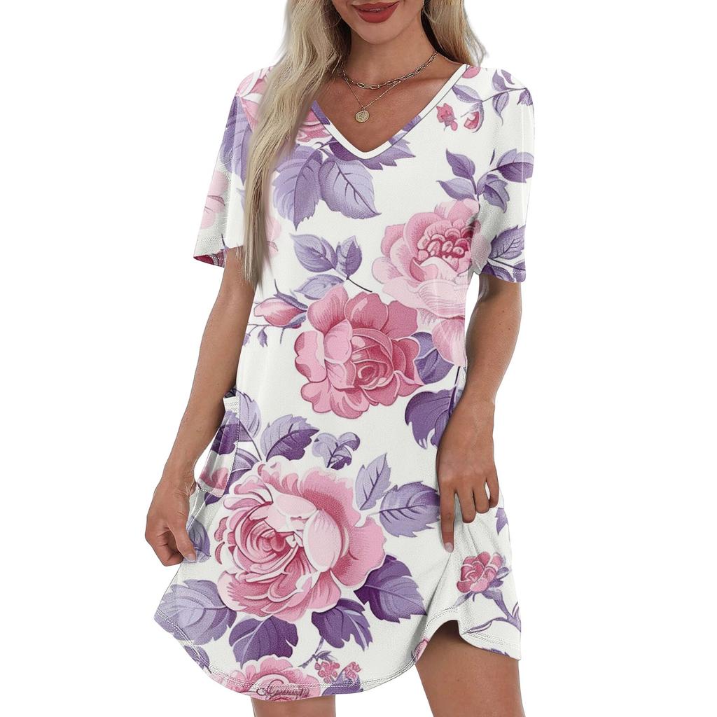 Women's Summer Fashion Casual V-Neck Floral Print Short Sleeve Pocket Dress