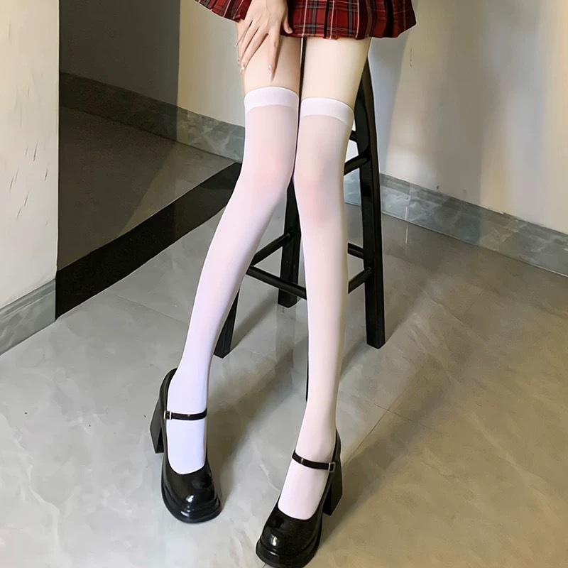 Романтичные черные чулки-ботфорты с кружевом - Прозрачные белые сетчатые летние чулки до бедра