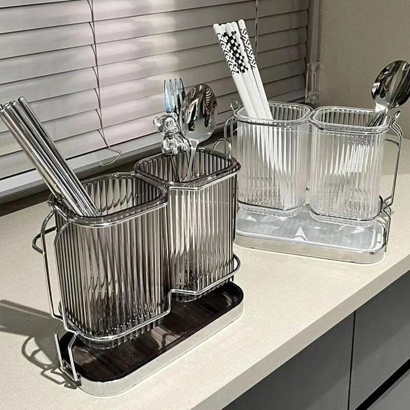 Kitchen Cutlery Organizer Light Luxury Chopstick Spoon Holder Stainless Steel Utensil Dish Drainer Kitchen Acceesories Organizer