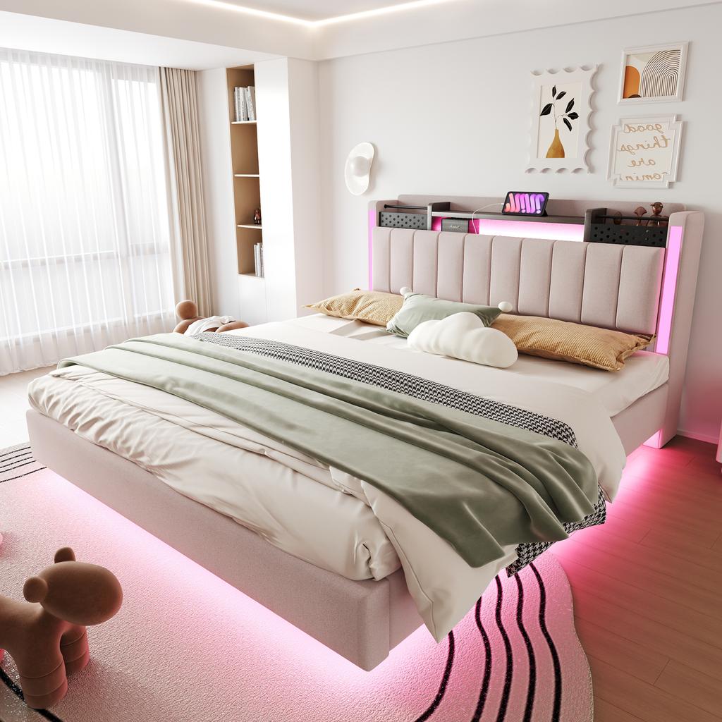 Upholstered Bed 160*200 with LED Lighting and USB Socket, Headboard with Storage Space, Floating Bed Youth Bed Adult Bed, Linen Fabric, Beige