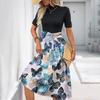 Women's Fashion Casual Belt Short Sleeve Round Neck Floral Elegant Temperament Dress
