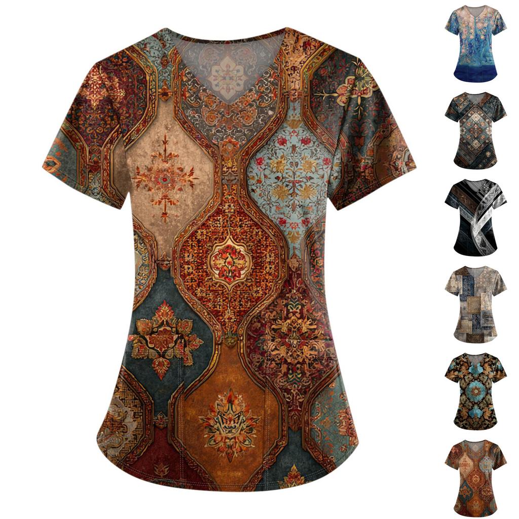 Plus Size Printed Scrub Working Uniform Tops For Women's V-Neck Print Short Sleeve Fun T-Shirts Workwear Tee With Pockets