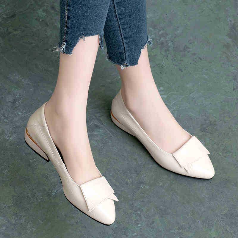 Women's Flat Shoes - 2021 New Spring & Autumn Collection, Shallow Thick Heel, Pointed Toe, Soft Leather & Sole, Versatile Work Shoes
