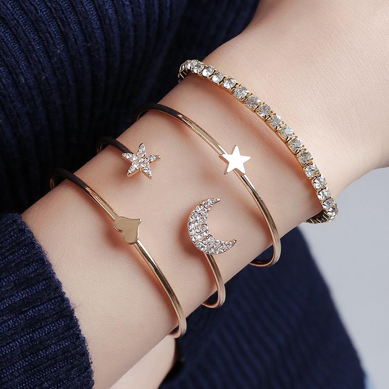 Fashion Personality Creative Ladies Alloy Diamond Pentagram Moon Piece Open Bracelet Bracelet