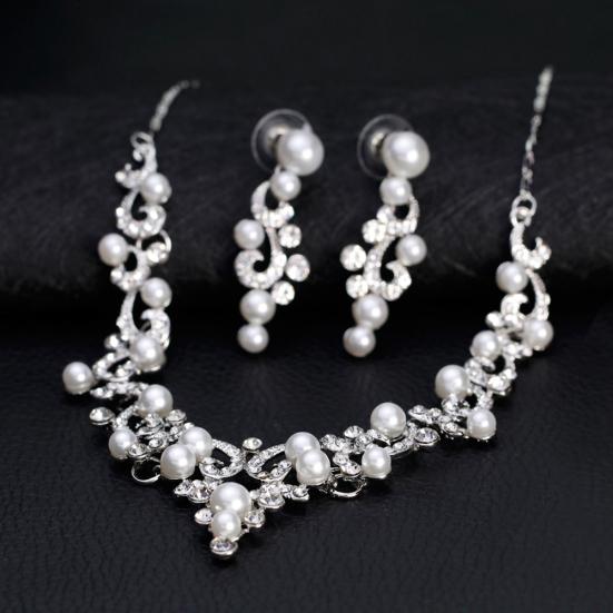 Fashion Alloy Rhinestone Faux Pearl Necklace Earrings Women Bride Jewelry Set