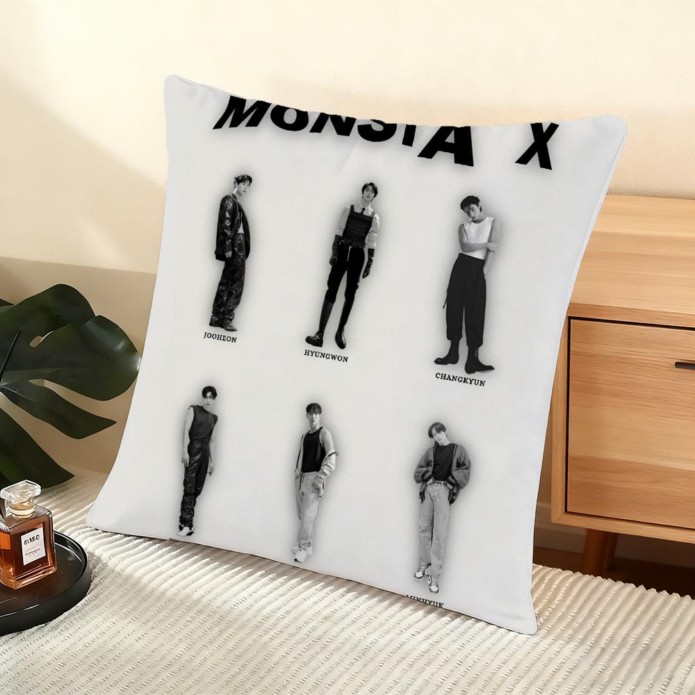 Подушка с принтом K-POP группы Monsta X, шелковистая коротковорсовая, для дивана, с потайной молнией, элемент домашнего декора