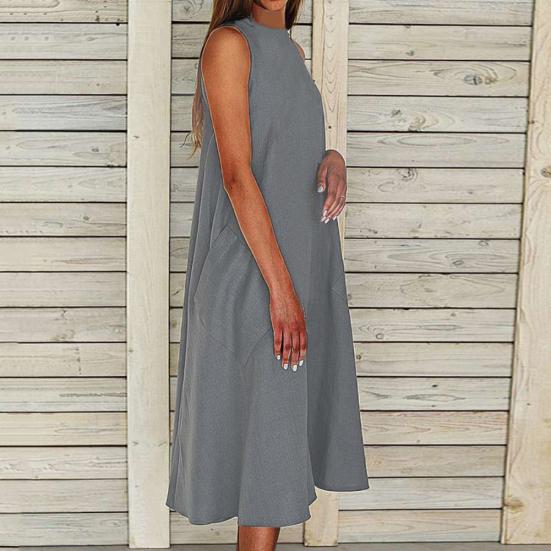 Винтажное женское однотонное платье с круглым вырезом, без рукавов, с карманами, с широким подолом, длинное, свободного кроя