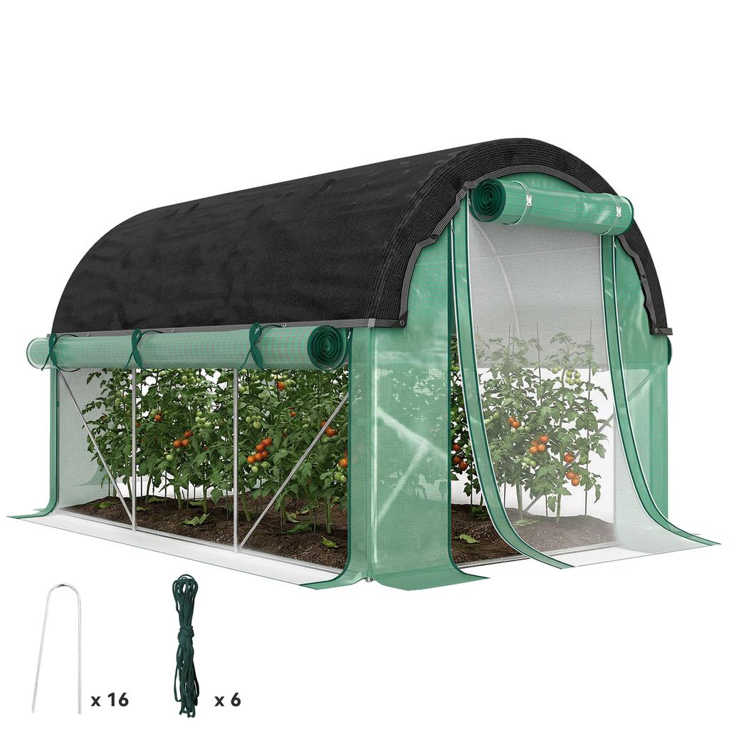 3 x 2 x 2 m Polytunnel Greenhouse with Sun Protection Net, Roll-Up Side Walls, Plastic Cover, Steel Frame, Green