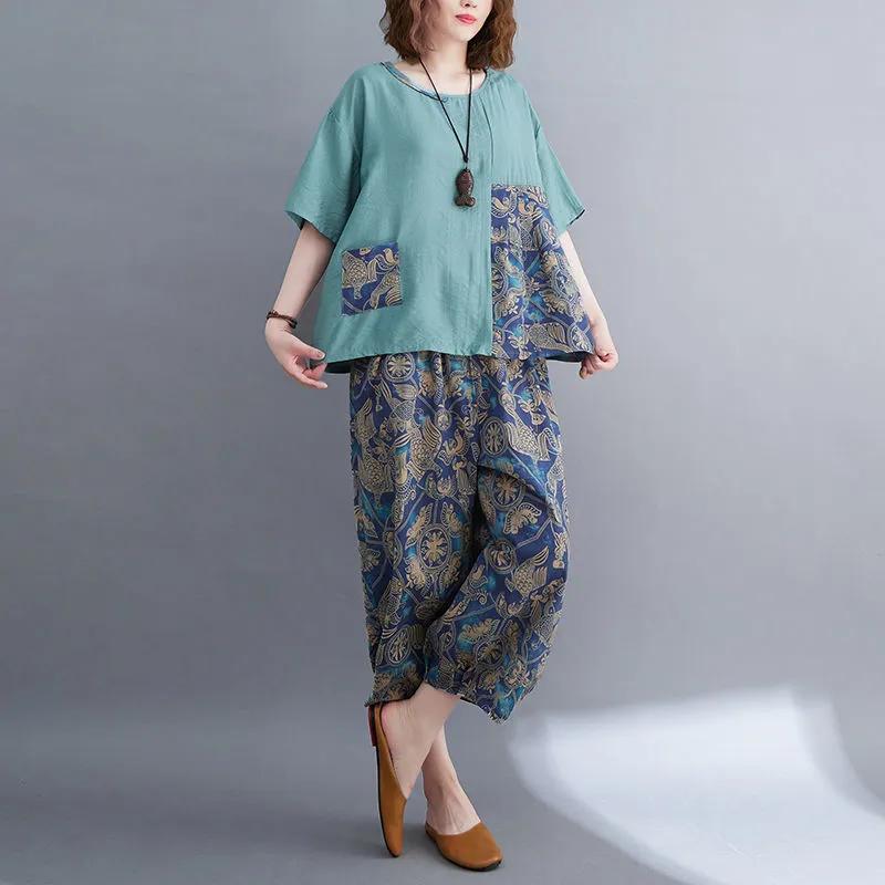 Женский ретро-костюм, летний свободный топ, женские брюки с принтом и застежкой-молнией больших размеров, костюм из двух частей