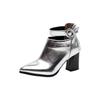 FOREADA Women Ankle Boots Pointed Toe Thick High Heels Buckle Zipper Metallic Short Boots Ladies Fashion Shoes Autumn Winter