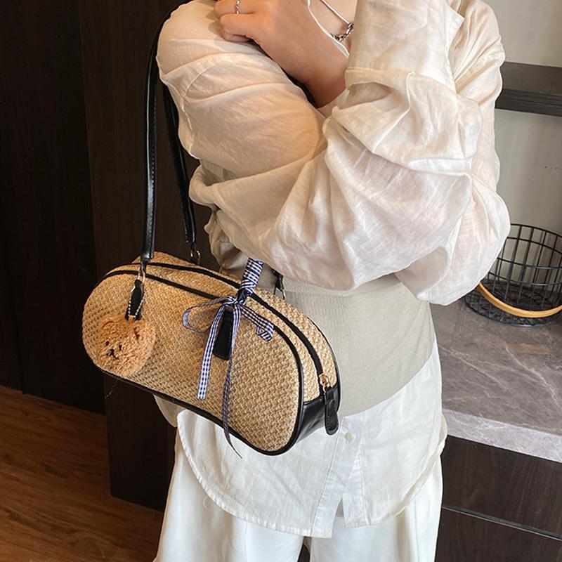 Yogodlns Весенняя новая простая летняя пляжная сумка через плечо с бантом для поездок на работу и отдыха, универсальная плетеная соломенная сумка подмышкой для женщин