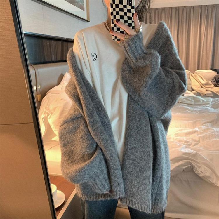 Women's Casual Solid Color Loose Knitted Cardigan Sweater Jacket Top