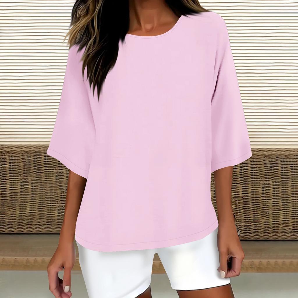 Женская модная однотонная повседневная футболка с рукавом семь восьмых и круглым вырезом, хлопковый топ