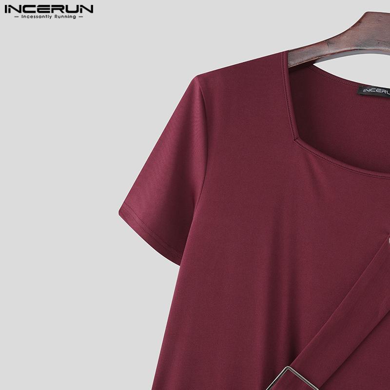 INCERUN Men Round Neck Short Sleeve Splits Casual Long Tops T-shirts