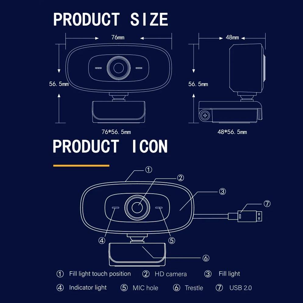 Веб-камера HD 2K с фиксированным фокусом, украшение, заполняющее освещение, USB-веб-камера с микрофоном, подсветка, штатив для ПК, Twitch, Skype, OBS, Steam