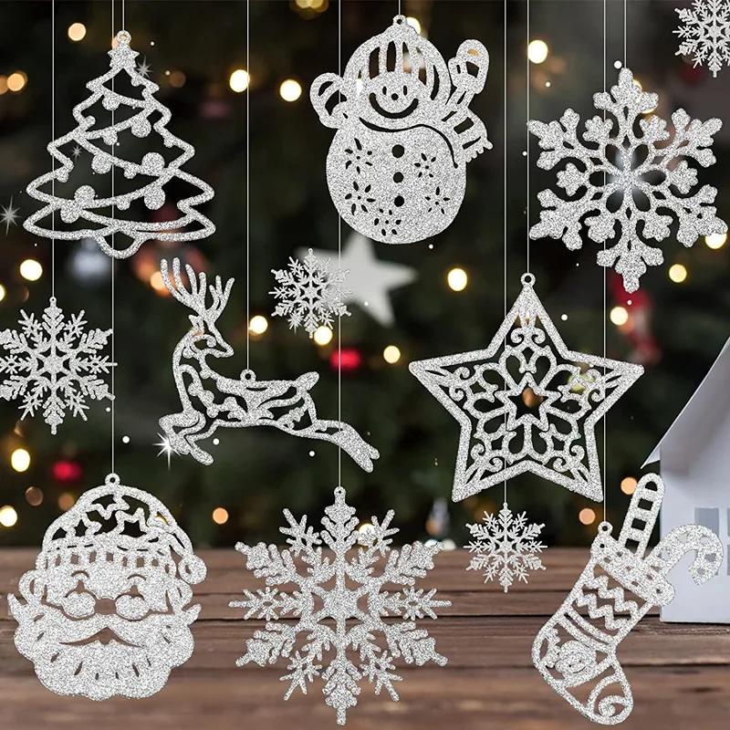 42/20Pcs Christmas Tree Decoration Hanging Ornaments Tree Snowman Reindeer Santa Snowflake Ornaments for New Year Winter Party
