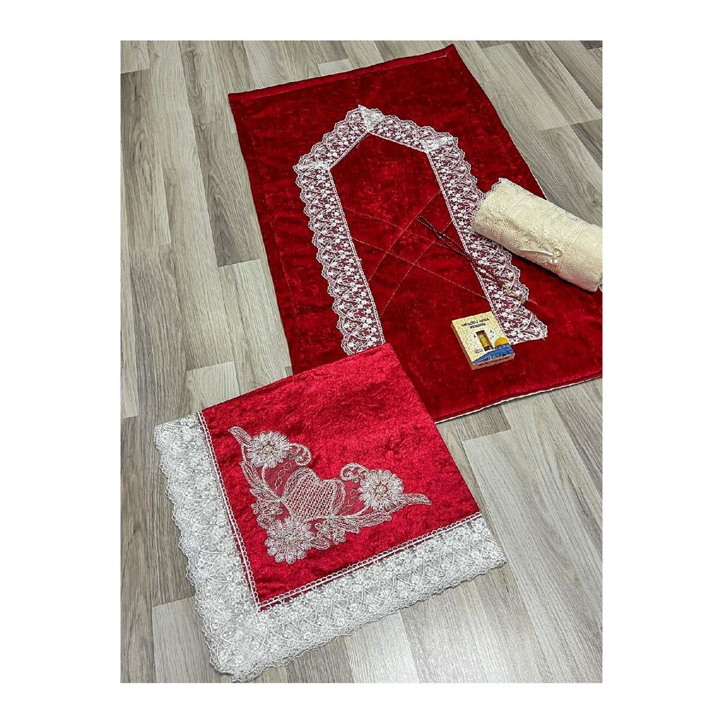 5 Piece Prayer Mat Set, Dowry Bundle Boxed, Velvet Laced Bride And Groom Set