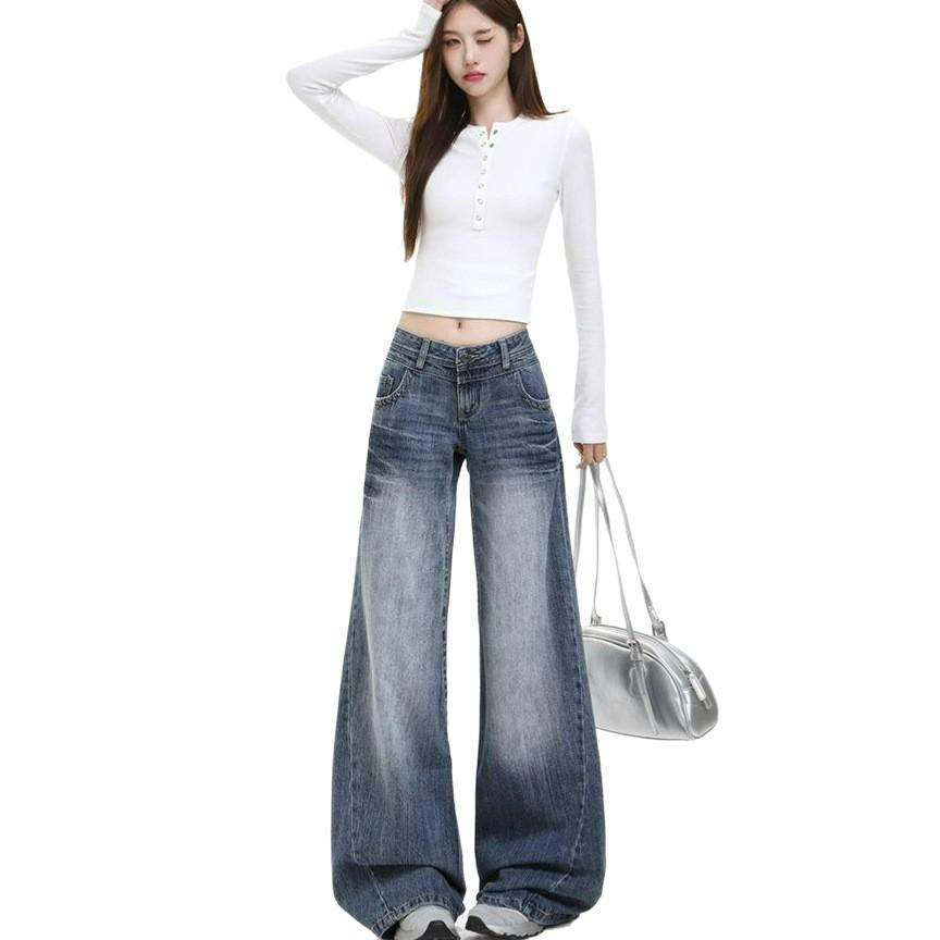 Washed Blue Wide Leg Jeans Women's Autumn Large Size American High Street Spice Girls Low Waist Loose Straight Floor Pants