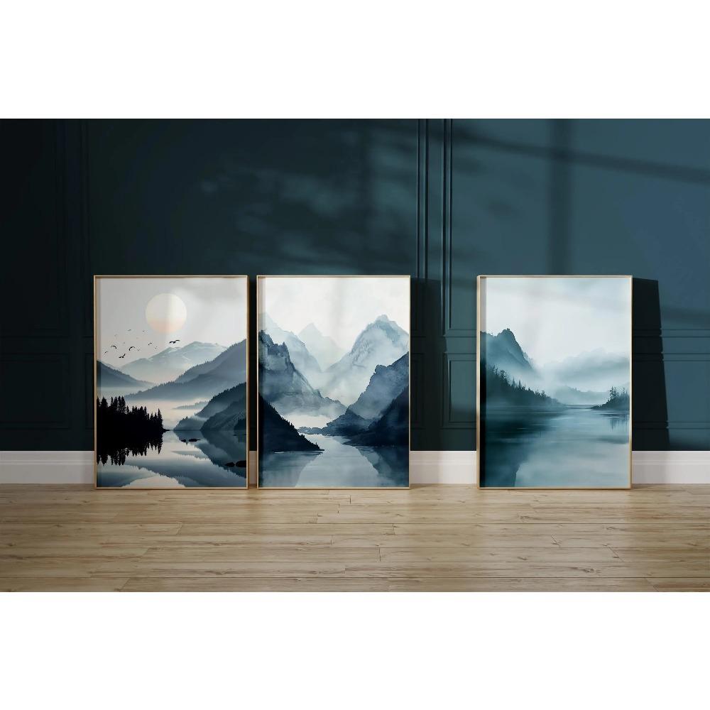 Blue Mountains Wall Art Set of 3 Misty Landscape Prints Minimalist Nature Posters Canvas Poster Prints Home Bedroom Room Decor