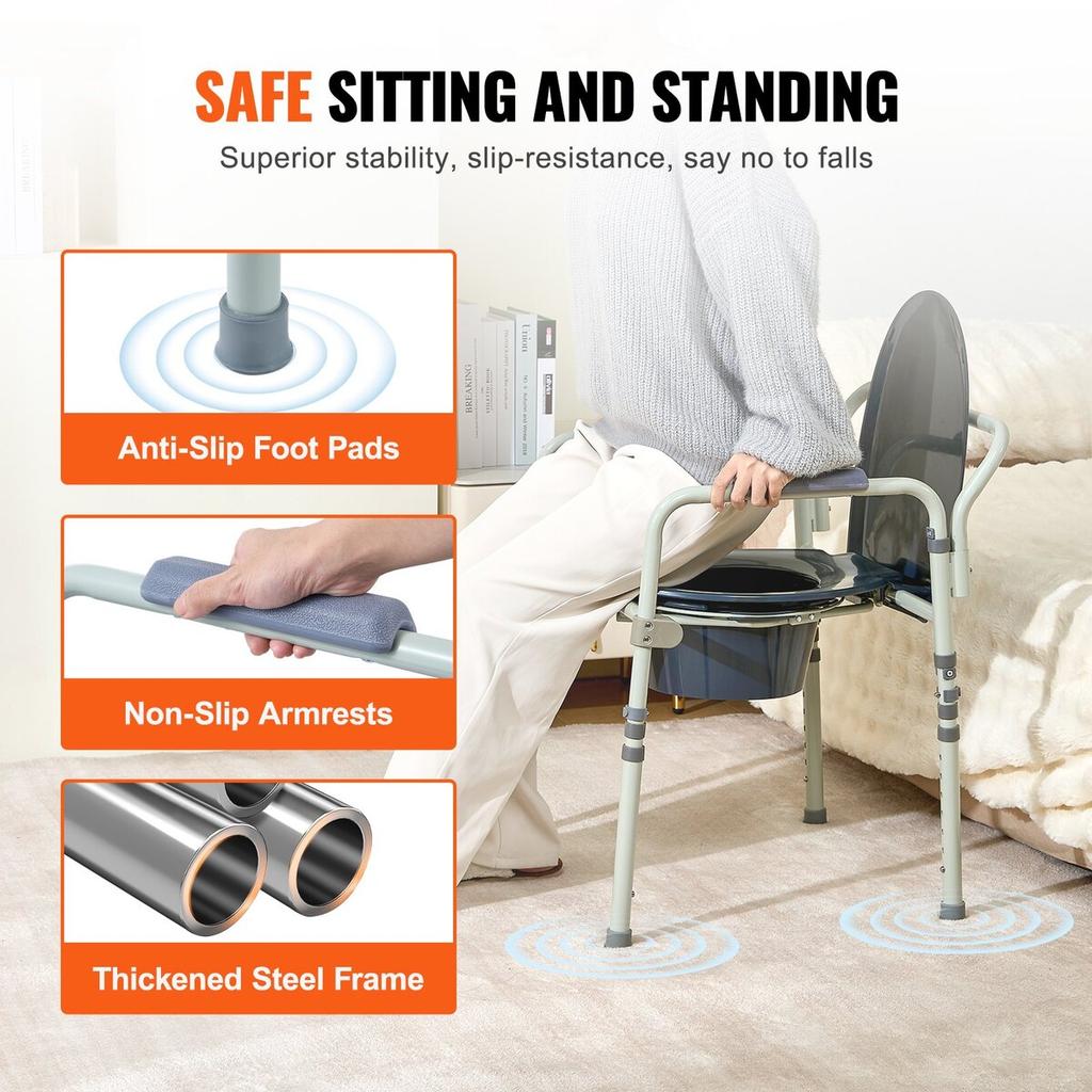 Commode Chair, Bedside Commode with Wider Toilet Seat, 7-Level Adjustable Height, 5.8L Removable Bucket, Easy to Assemble, 350 LBS Capacity, Raised