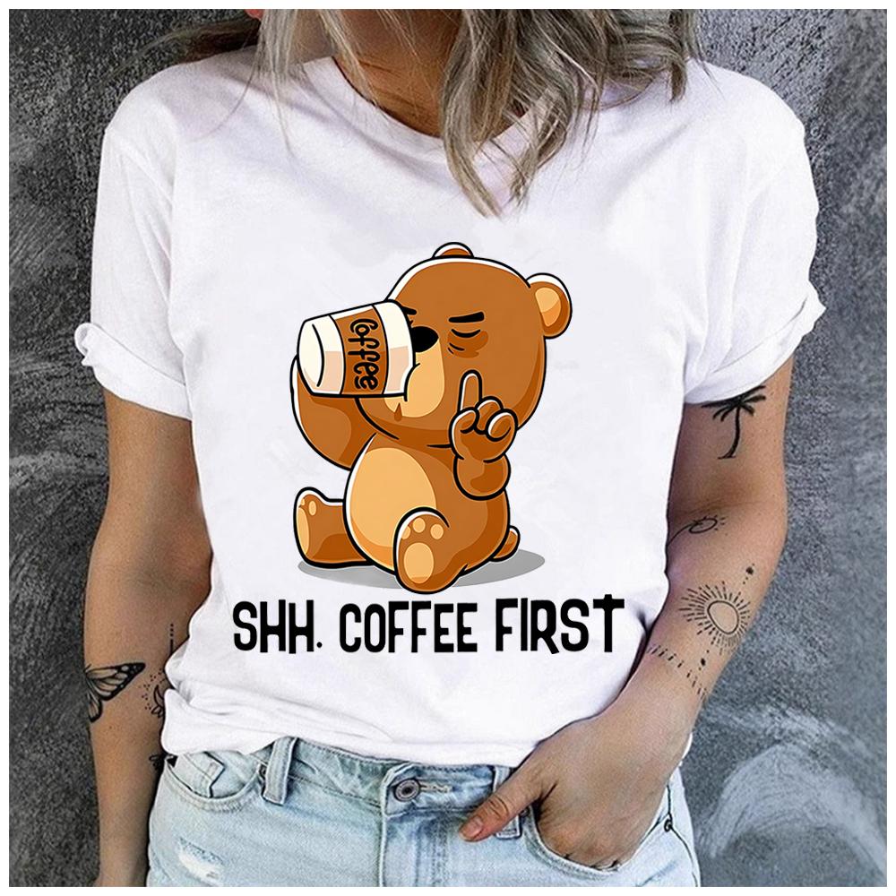 Unisex Casual Short Sleeve T-Shirt, 100% Polyester, Round Neck, Coffee Bear Print, Loose, Fashion, Summer Top