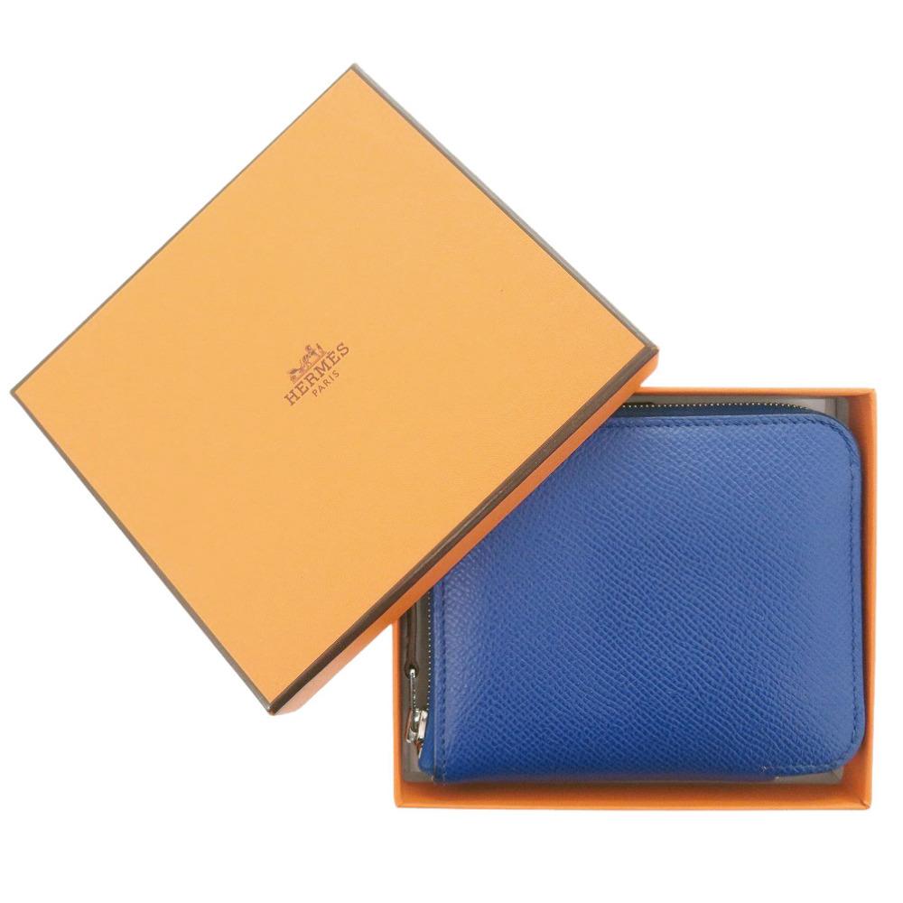 Used AUTHENTIC HERMES Azap Silk in Compact coin purse Blue france Epsom/silk