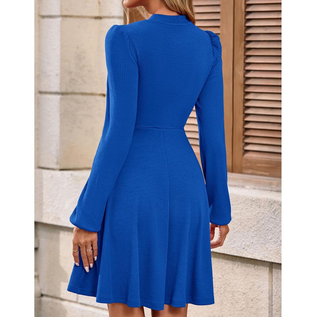 Женское повседневное и модное платье с круглым вырезом, однотонное, с длинными рукавами