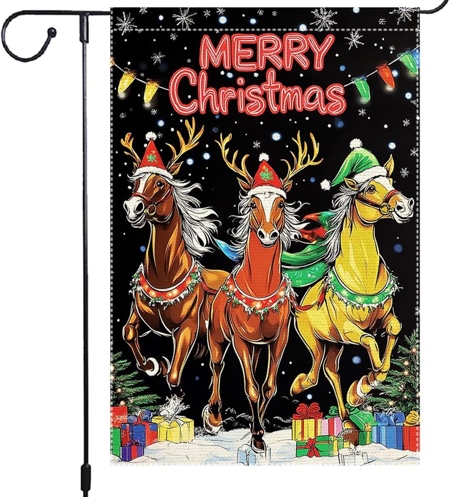 Christmas Horses Garden ag 12x18 Inch Double Sided Burlap Holiday Yard Decor Santa Hat Reindeer Antlers Festive Gifts Ligh UUN