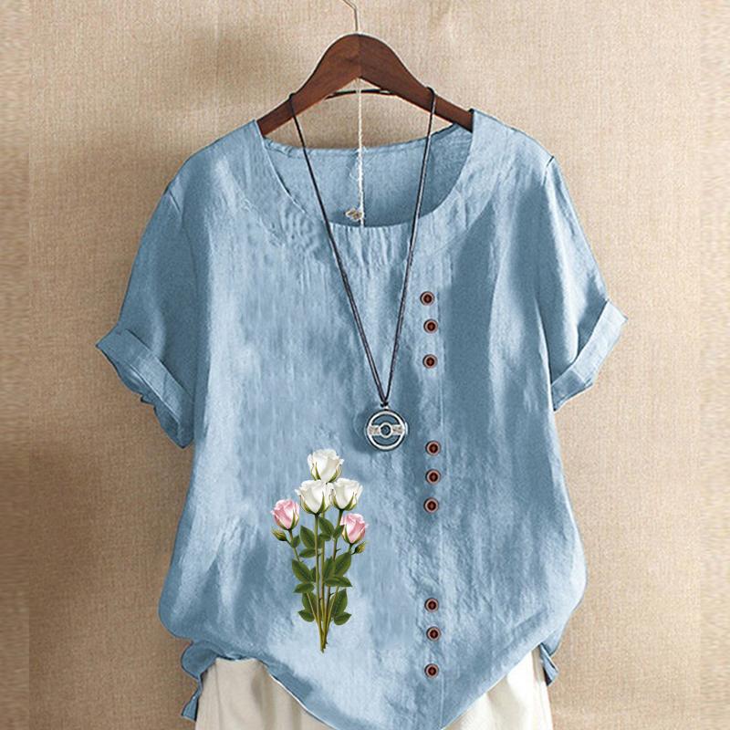 Women's Fashion Round Neck Short Sleeve T-shirt Casual Cotton Linen Graphic Shirt Leisure Loose Flowers Prined Summer Blouse Tops