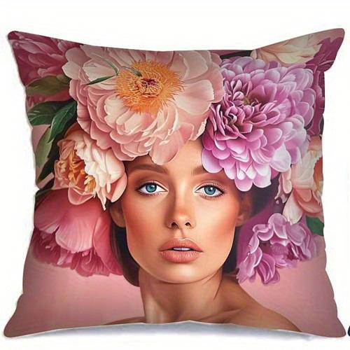 Home Decor Floral Portraits: Women & Colorful Blooms Pattern Cushion Cover Suitable for Sofa Bedroom Car Pillow Cover