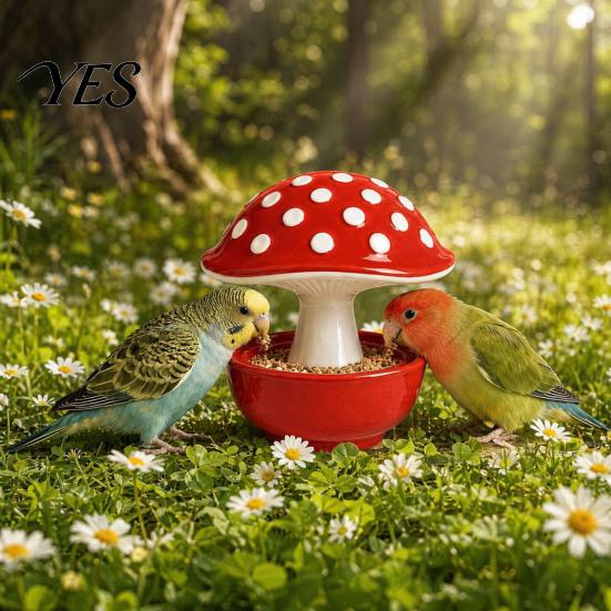 Decorative Bird Cage Accessory Resin Mushroom Feeder, Spill Proof No Mess Fruit And Vegetable Feeder Food Bowl, Covered Water Bowl for Budgie