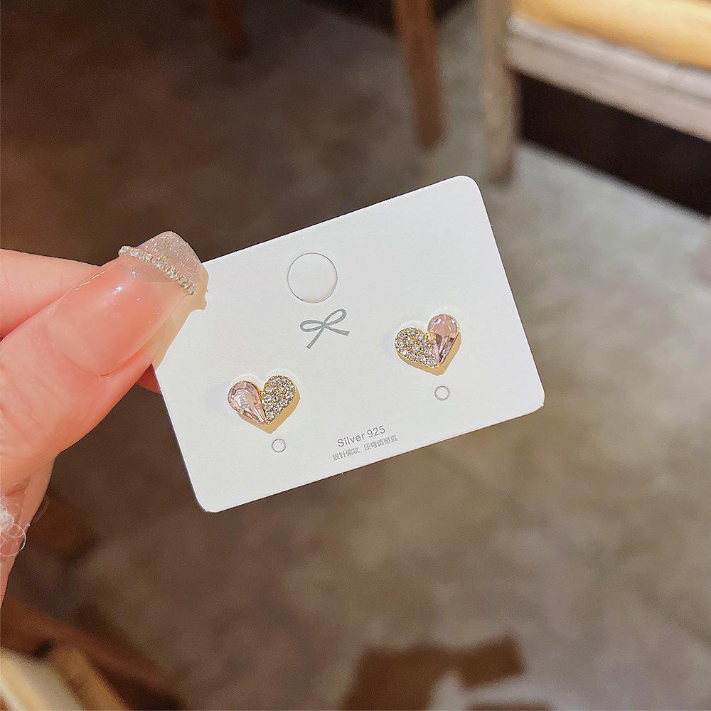 925 Silver Needle Asymmetric Pink Love Earrings Female Exquisite Online Celebrity Earrings with the Same Design Sense.