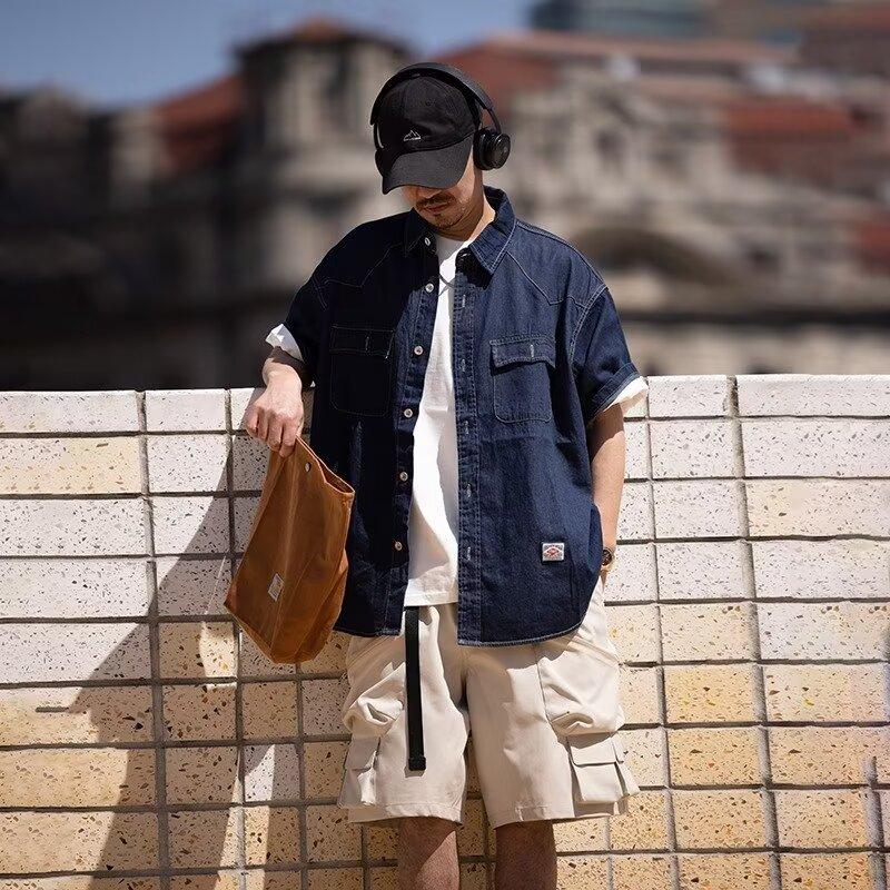 Японский ретро модный бренд летняя свободная джинсовая рубашка с короткими рукавами художественная молодежная рабочая рубашка мужская и женская многослойная куртка