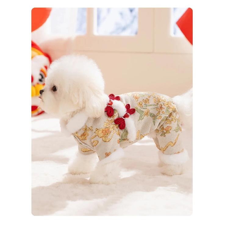 Traditional Chinese Dog Tang Suit Cute Warm Festive New Year Pet Outfit with Fur Collar Puppy Clothes for Chihuahua Yorkie
