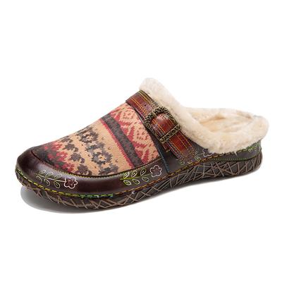 Сандалии из натуральной кожи с принтом в этническом стиле, открытые носки, женские тапочки с открытым носком