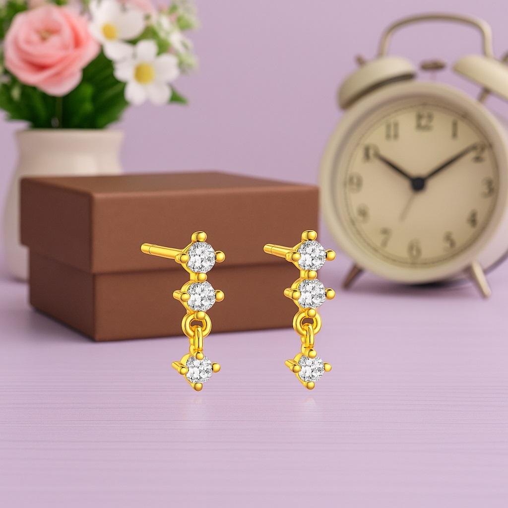 Triple Stone Minimal Drop Earrings - 925 Sterling Silver Gold Plated
