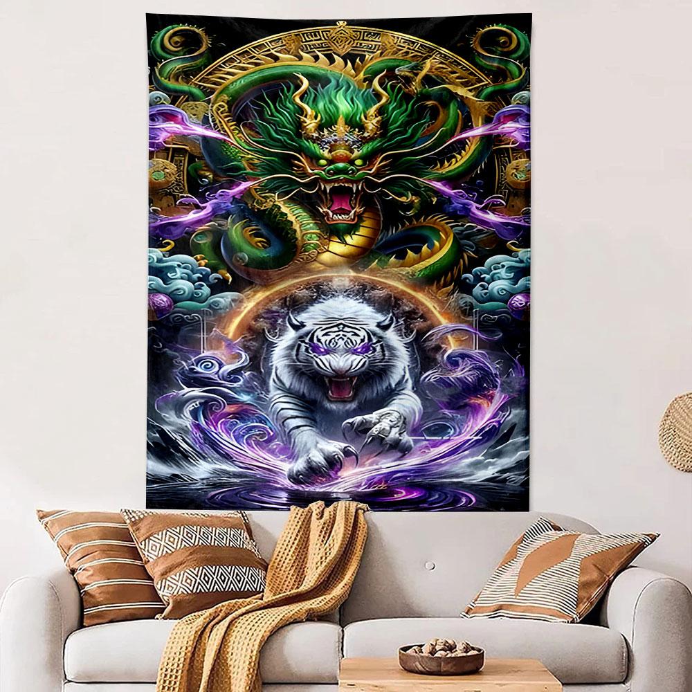 Dragon and White Tiger Mythical Tapestry Patterned tapestry home decor, suitable for bedroom and living room, gift