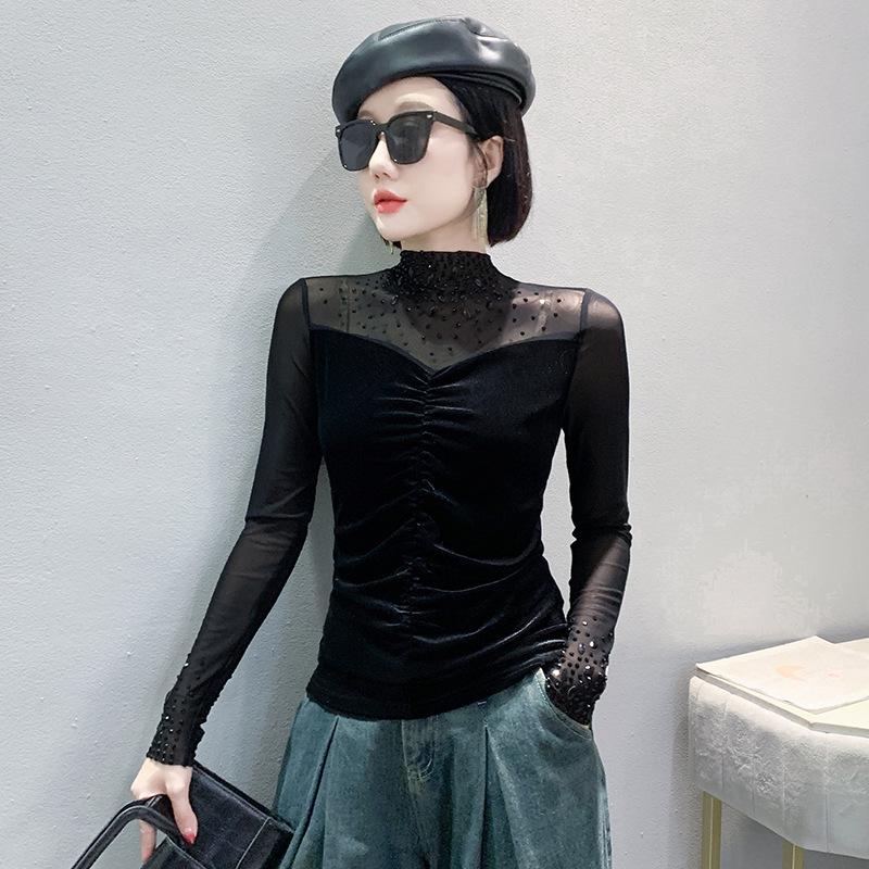 2024 Autumn/Winter V-Neck Women's Long Sleeve Beaded T-Shirt with Stylish Hot Drilled Design