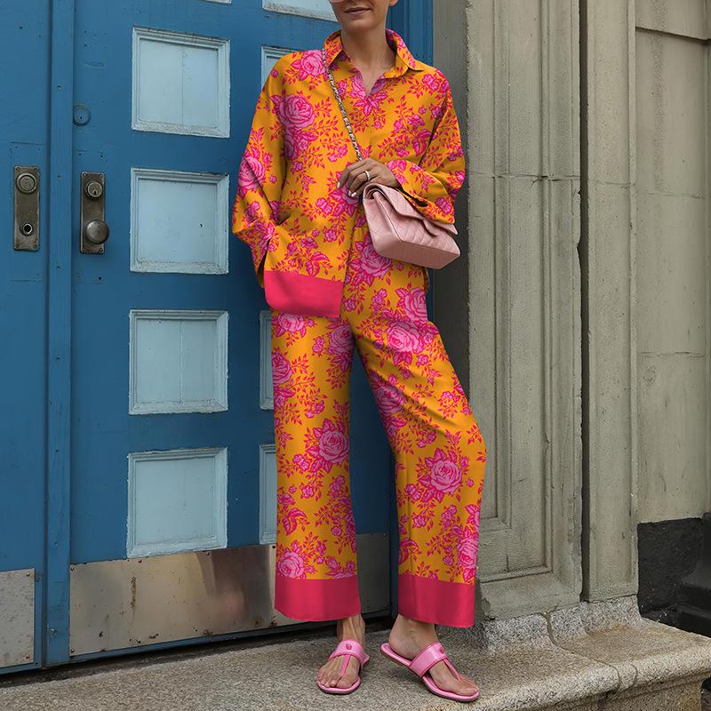 Женский комплект: рубашка и брюки с широкими штанинами, зеленый геометрический принт