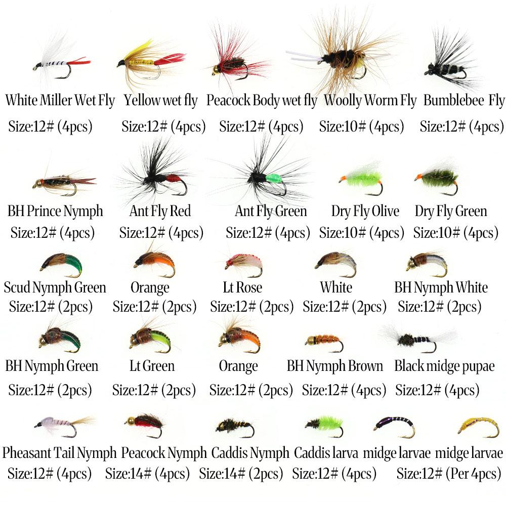 Набор мушек для нахлыстовой рыбалки 30/70/88/92 шт. с Woolly Bugger, нимфой Hare's Ear, сухими/мокрыми мушками, Elk Hair Caddis, Royal Wulff, чешской нимфой