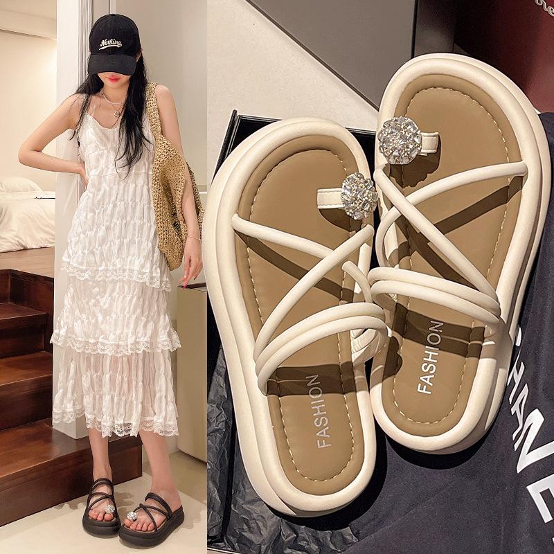 Platform Flip Flops for Women Casual Rhinestone Sandals With Arch Support Summer Chunky Heeled Slides Women's Lightweight Anti-Slip Beach Slippers