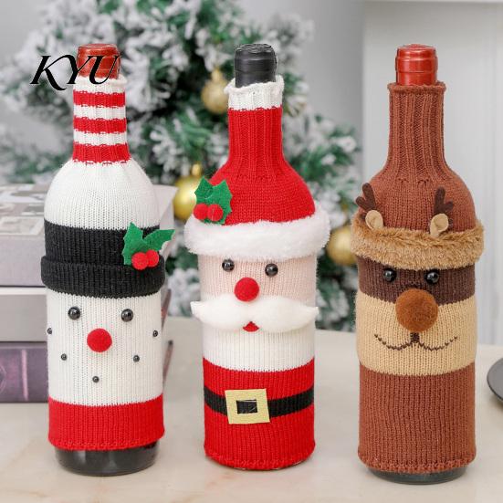 Christmas Table Setting Decor Wine Bottle Cover, Holiday Knitted Champagne Bag, Snowman Santa Stretchy Knit Topper Claus Elk Sweater for New