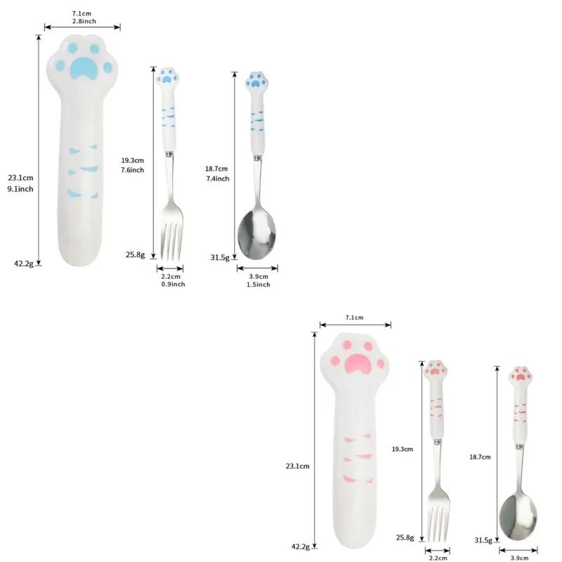 Портативный милый набор столовых приборов в виде кошачьей лапки из нержавеющей стали, вилка, ложка с ящиком для хранения, столовая посуда для студенческого обеда, аксессуары для бенто
