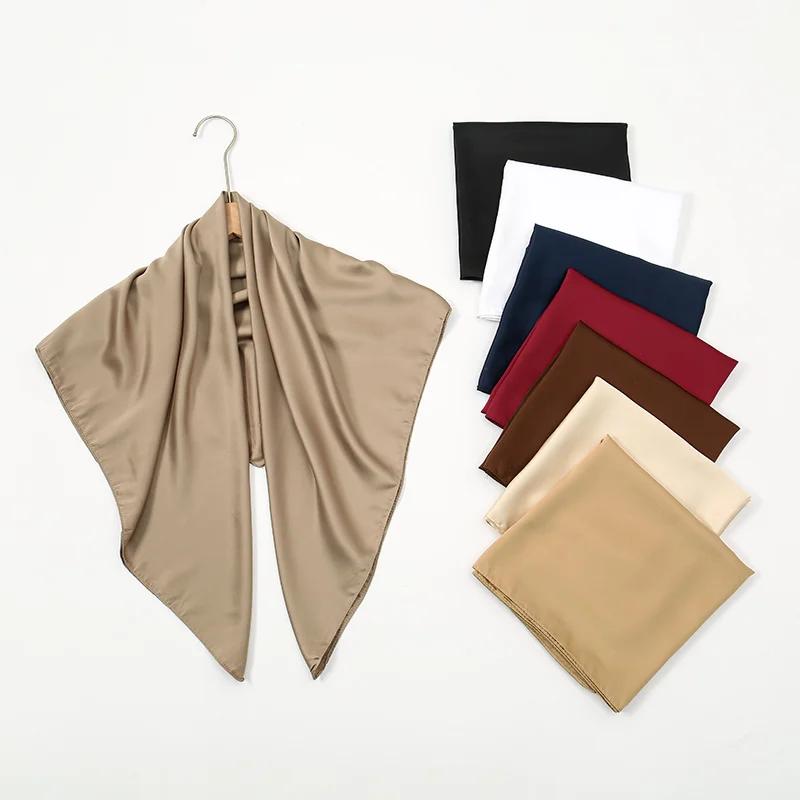 Plain Silk 90 Square Scarf Satin Headband For Muslim Woman Hijabs Wraps Fashion Hair Scarf Casual Islam Turban Female Bandbana