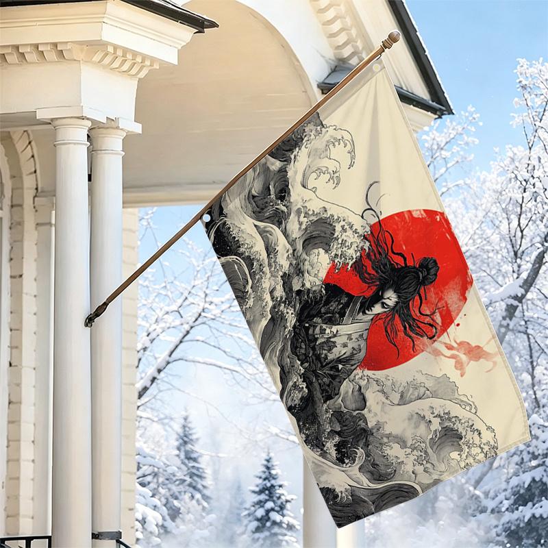 2D плоский, 1 шт. 2D плоский декоративный флаг, Японский самурай Красное солнце и волны узора Морские волны Подвесной флаг, Японский стиль Ваcи Арт Настенный фон, Внутренний/Наружный