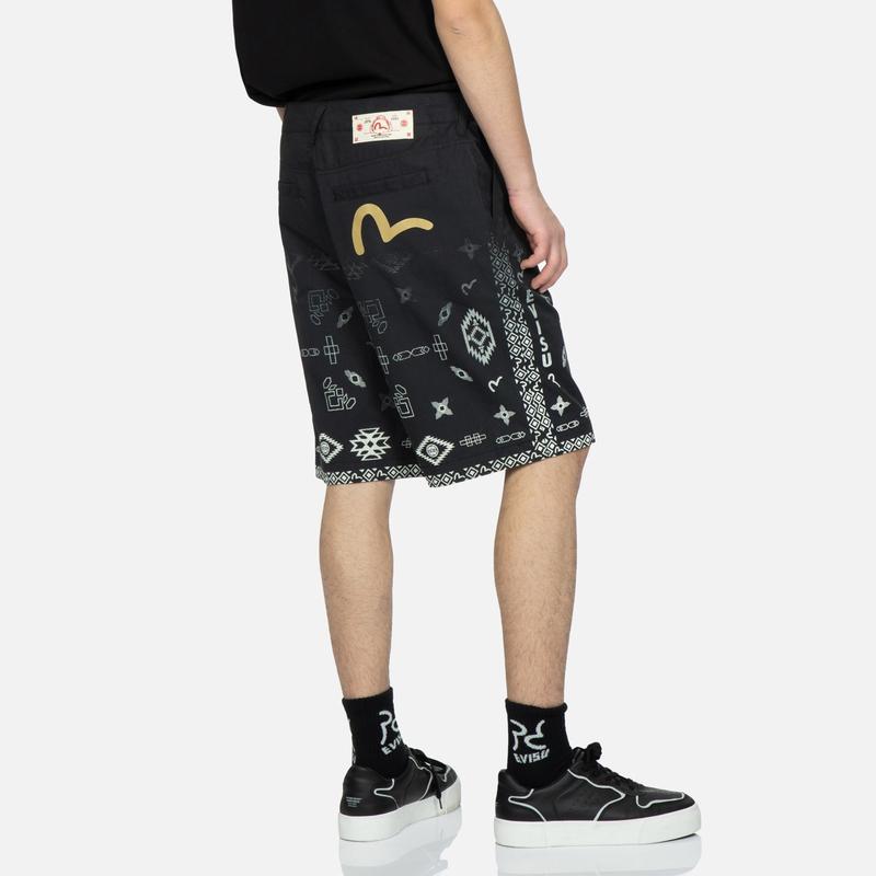 Evisu SS23 Этнический узор Печатные Тканые Узкий крой Повседневные шорты Мужские шорты Черный 2ESHTM3SH123XXCN
