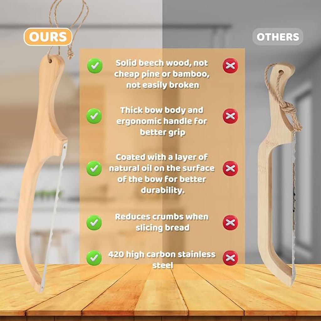 Ломтерезки для хлеба Деревянный нож для дрожжевого хлеба с бантом для домашнего хлеба Зубчатая пила из нержавеющей стали премиум-класса Нож для хлеба для бубликов, багетов и многого другого