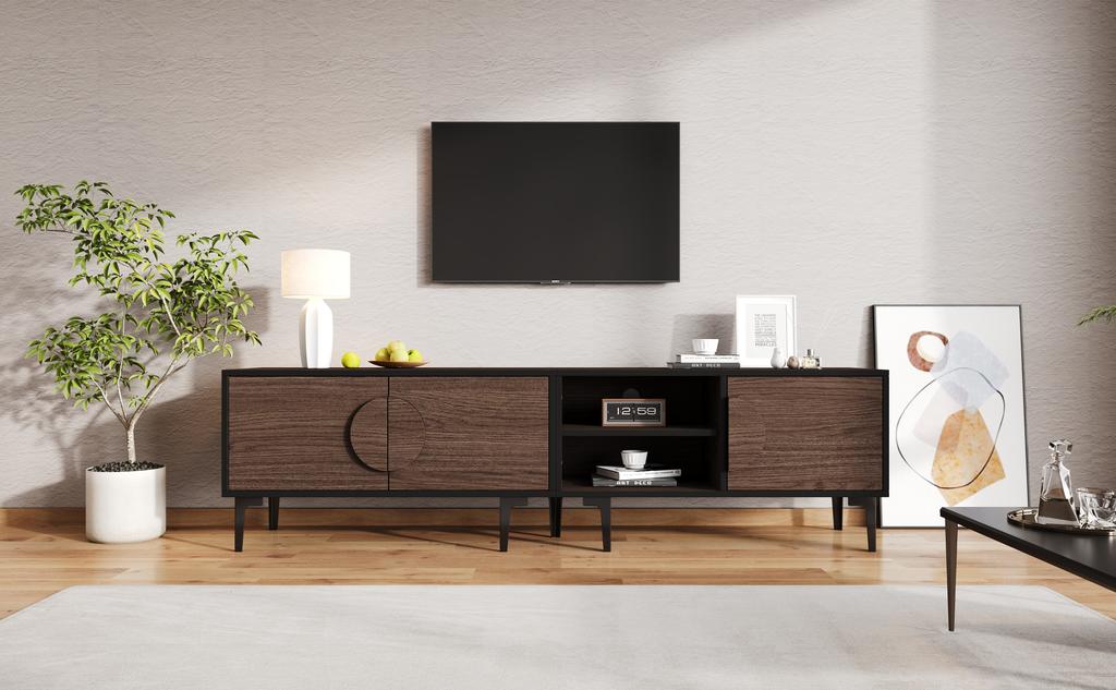 180*35*49cm lowboard TV cabinet with 2 cabinets, TV board with open storage compartments, dark walnut colored, suitable for 80 inch TVs