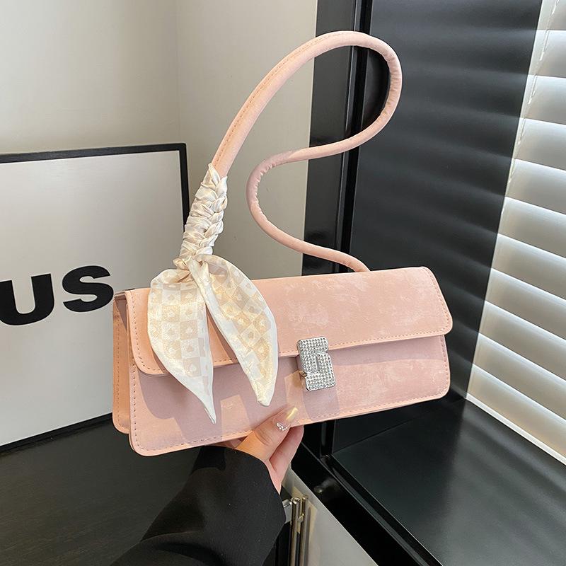 Women's Textured Underarm Baguette Bag with Silk Scarf - Early Spring 2025 Fashion